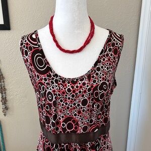 Brown White Coral Sleeveless Circle Print Midi Dress